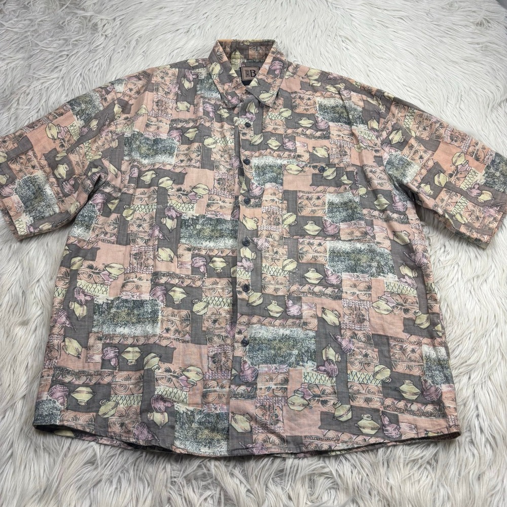Bruno Men's M 100%‎ Linen Geometric Vessel Printed Shirt Luau Travel Boho Artsy